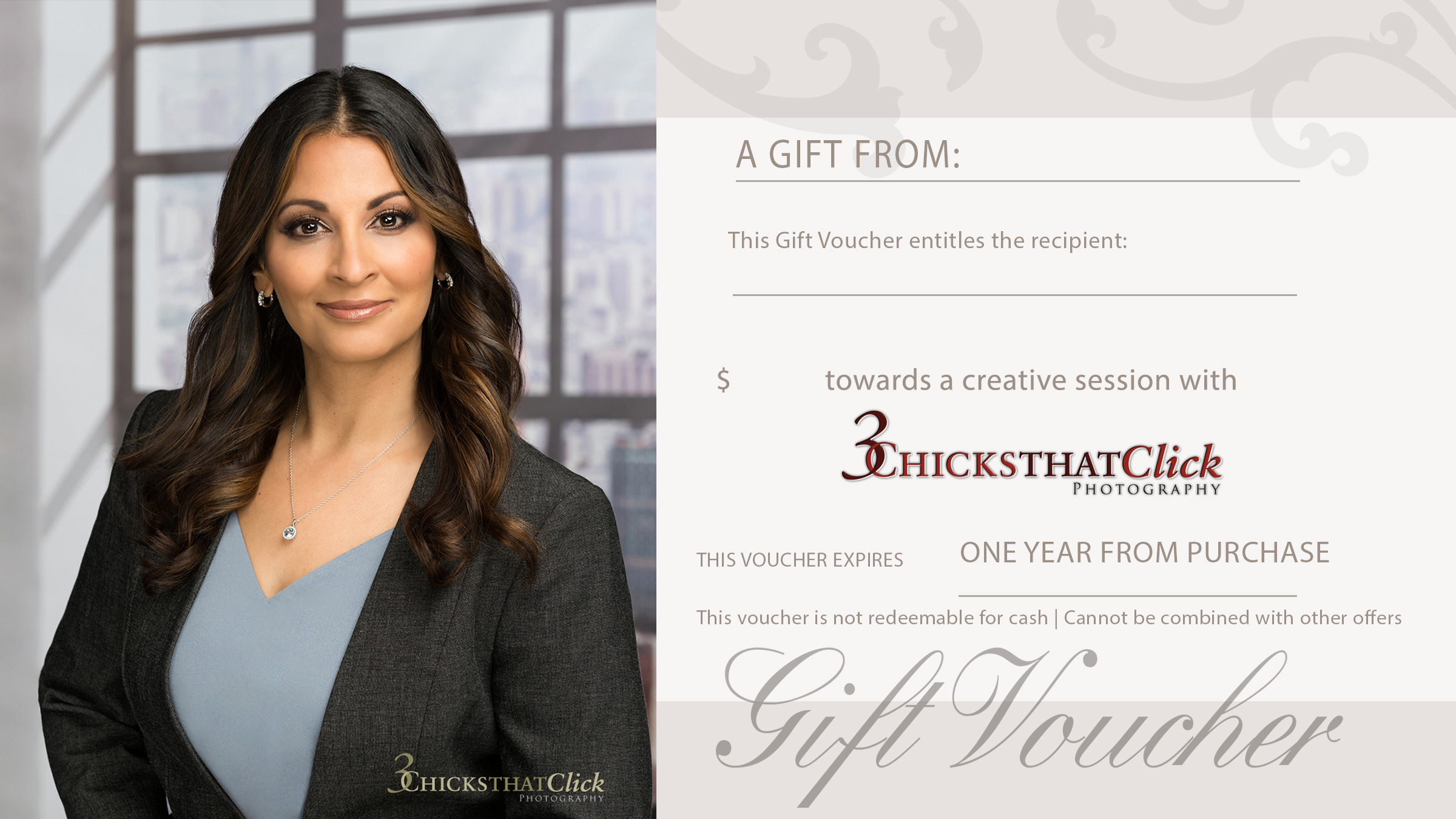 image of gift certificate featuring photo of Dr. Falguni Patel